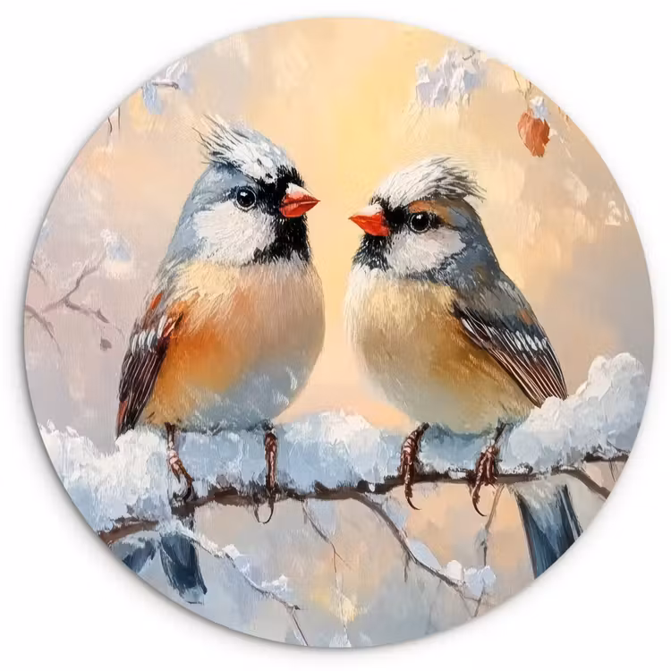 Vogels - Tak - Winter - Sneeuw Wandcirkel kunststof plaat 5mm dik klein -3d