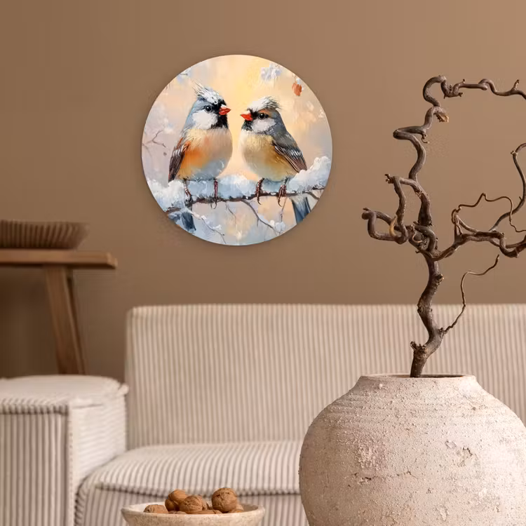 Vogels - Tak - Winter - Sneeuw Wandcirkel kunststof plaat 5mm dik klein -sfeer1