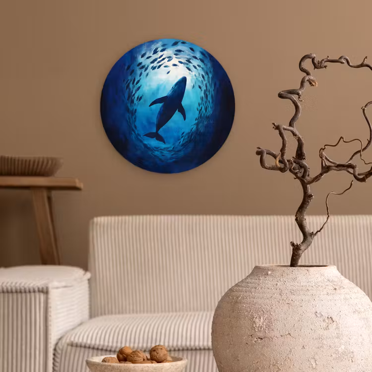 Walvis - Vissen - Donkerblauw Wandcirkel kunststof plaat 5mm dik klein -sfeer1