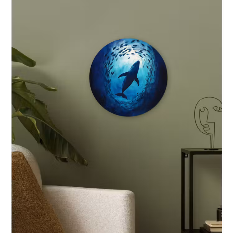 Walvis - Vissen - Donkerblauw Wandcirkel kunststof plaat 5mm dik klein -sfeer3