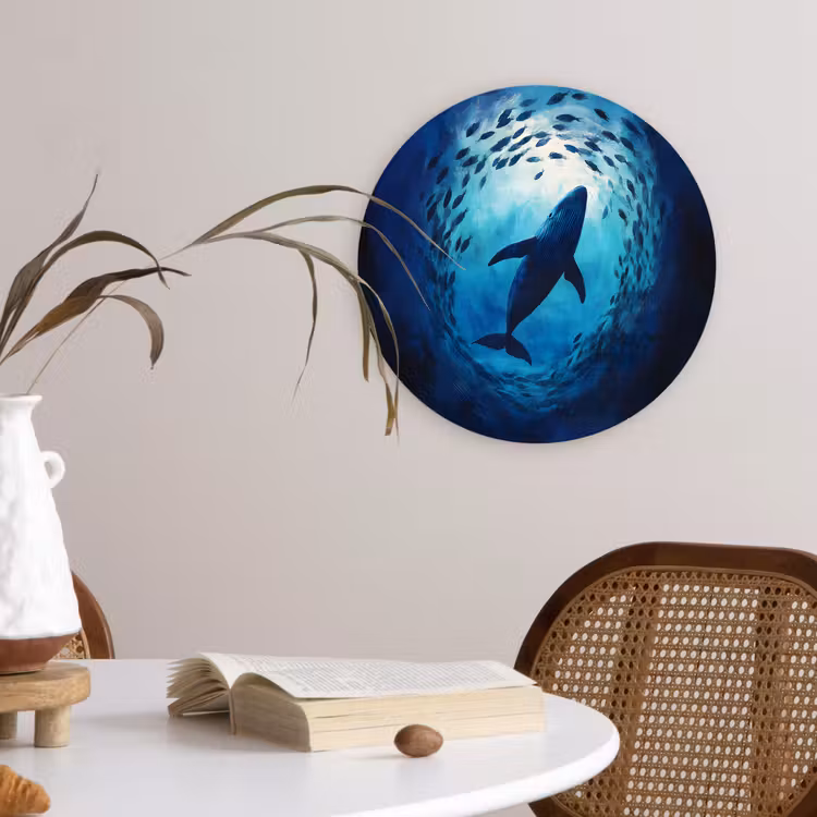 Walvis - Vissen - Donkerblauw Wandcirkel kunststof plaat 5mm dik klein -sfeer4