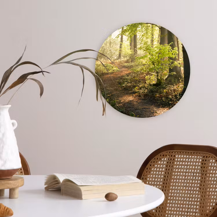 Bos - Bomen - Pad - Zon - Planten - Bladeren - Natuur Wandcirkel kunststof plaat 5mm dik klein -sfeer4