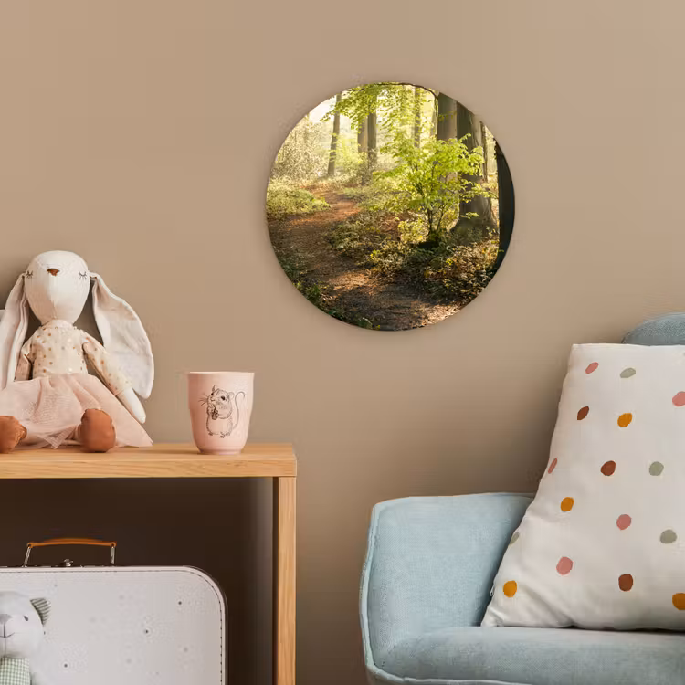 Bos - Bomen - Pad - Zon - Planten - Bladeren - Natuur Wandcirkel kunststof plaat 5mm dik klein -tsfeer1_kind