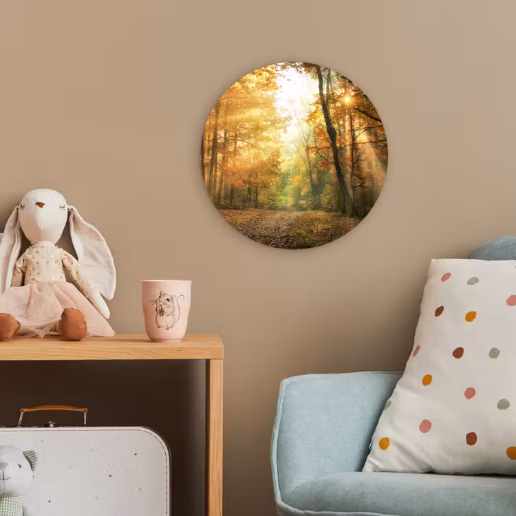 Bos - Herfst - Zon - Landschap - Natuur - Bomen - Bladeren Wandcirkel kunststof plaat 5mm dik klein -tsfeer1_kind