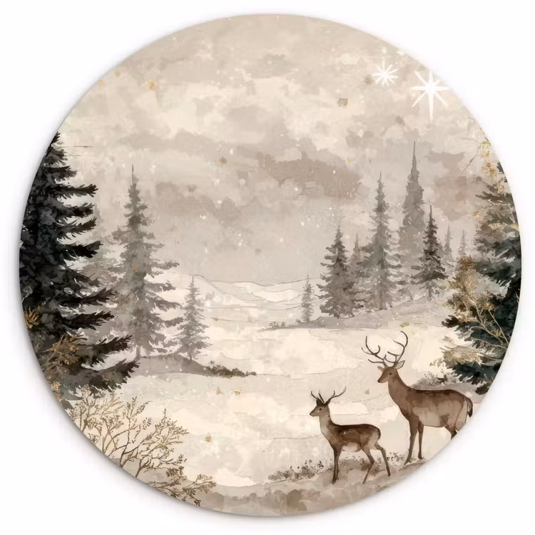 Bos - Herten - Winter - Sneeuw Wandcirkel kunststof plaat 5mm dik klein -3d