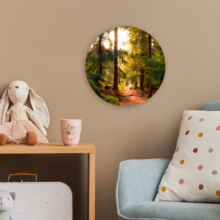 Bos - Pad - Bomen - Groen - Zon - Natuur Wandcirkel kunststof plaat 5mm dik klein -tsfeer1_kind