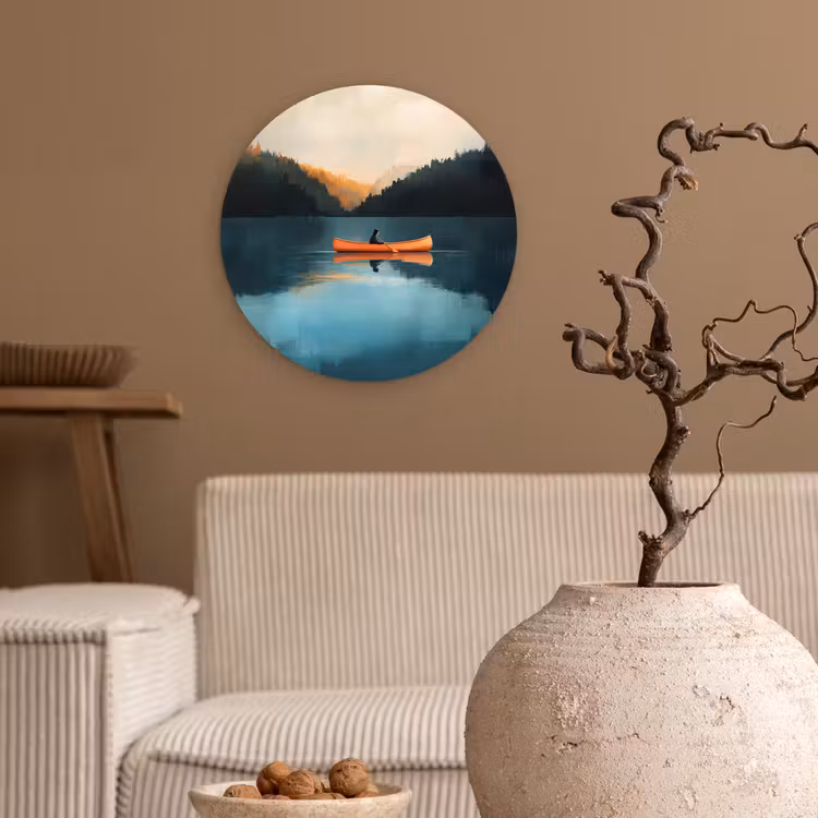 Bossen - Meer - Kano - Oranje Wandcirkel kunststof plaat 5mm dik klein -sfeer1