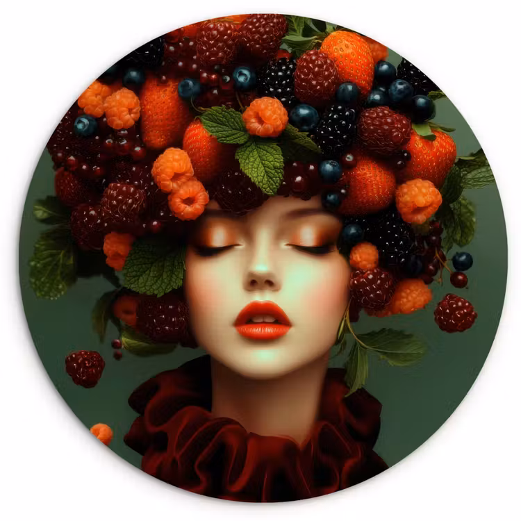Vrouw - Aardbeien - Frambozen - Bramen - Bessen Wandcirkel kunststof plaat 5mm dik klein -3d