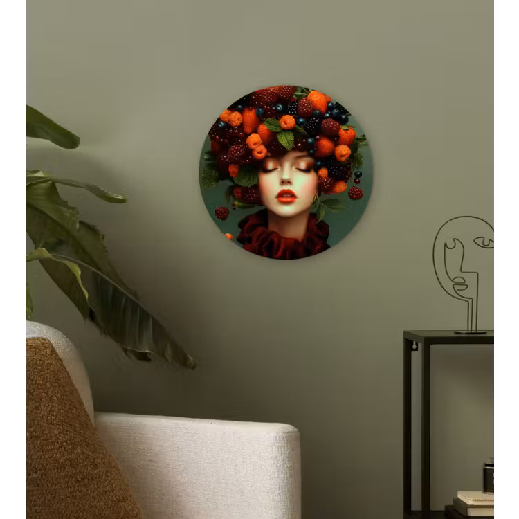 Vrouw - Aardbeien - Frambozen - Bramen - Bessen Wandcirkel kunststof plaat 5mm dik klein -sfeer3