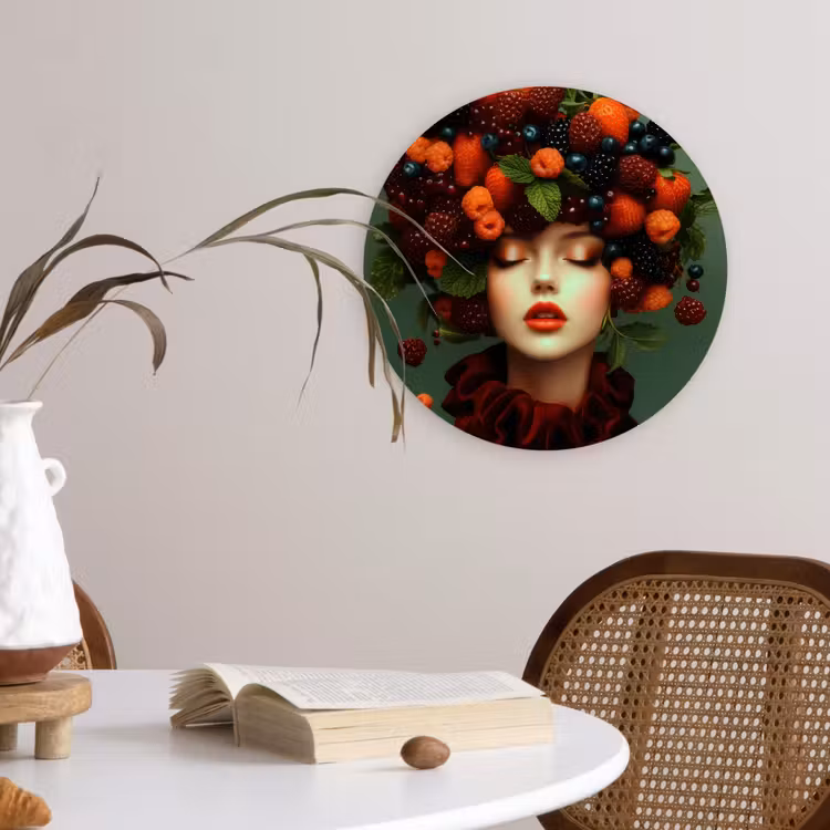 Vrouw - Aardbeien - Frambozen - Bramen - Bessen Wandcirkel kunststof plaat 5mm dik klein -sfeer4