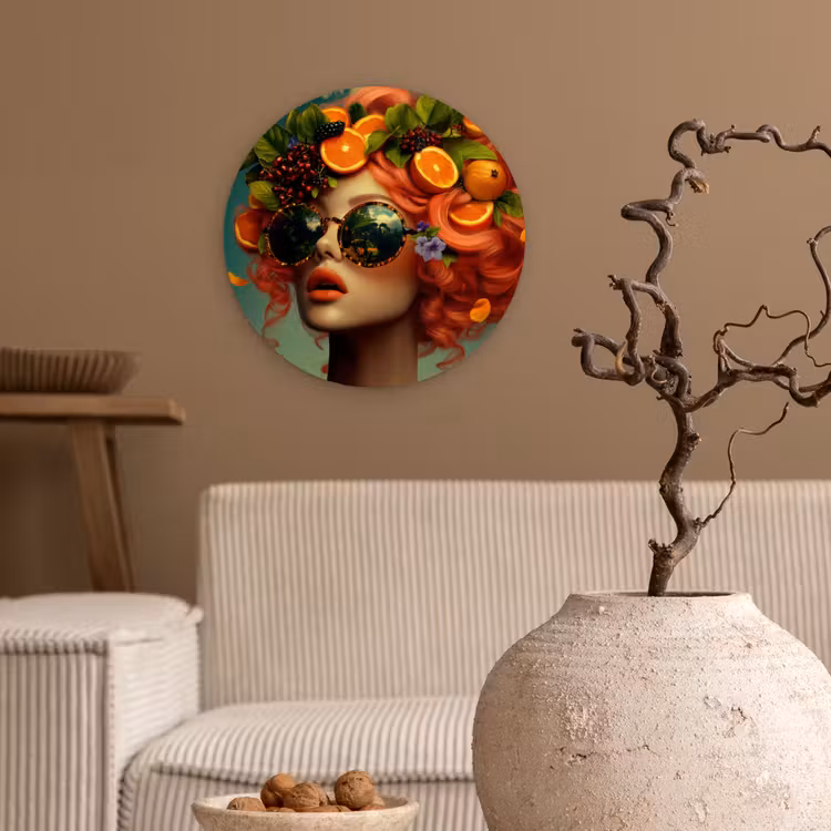 Vrouw - Sinaasappel - Bessen - Oranje Wandcirkel kunststof plaat 5mm dik klein -sfeer1