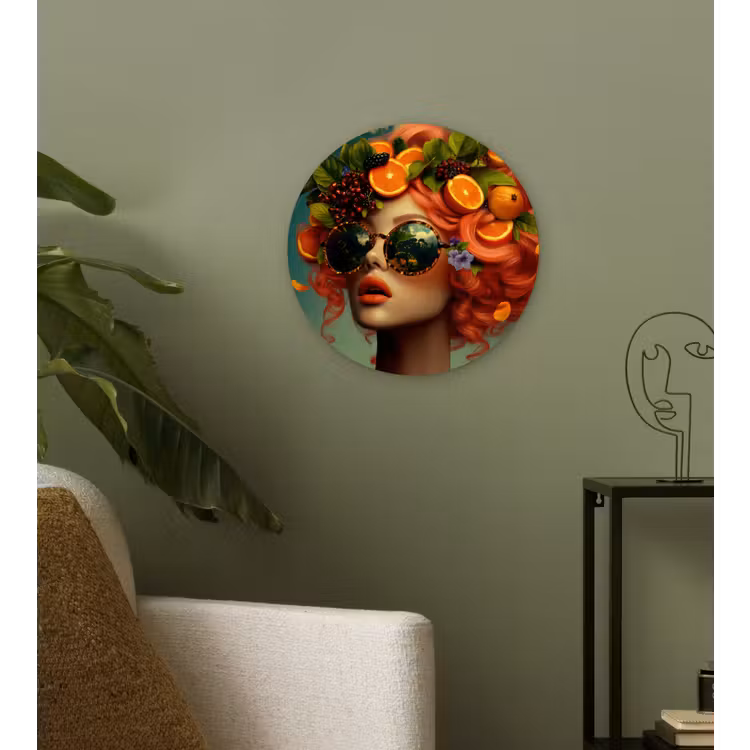 Vrouw - Sinaasappel - Bessen - Oranje Wandcirkel kunststof plaat 5mm dik klein -sfeer3