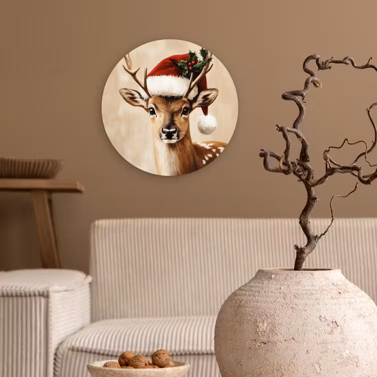 Kerst - Hert - Gewei - Rood Wandcirkel kunststof plaat 5mm dik klein -sfeer1