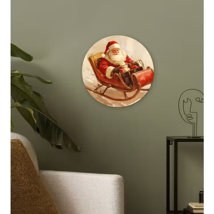 Kerst - Slee - Kerstman Wandcirkel kunststof plaat 5mm dik klein -sfeer3