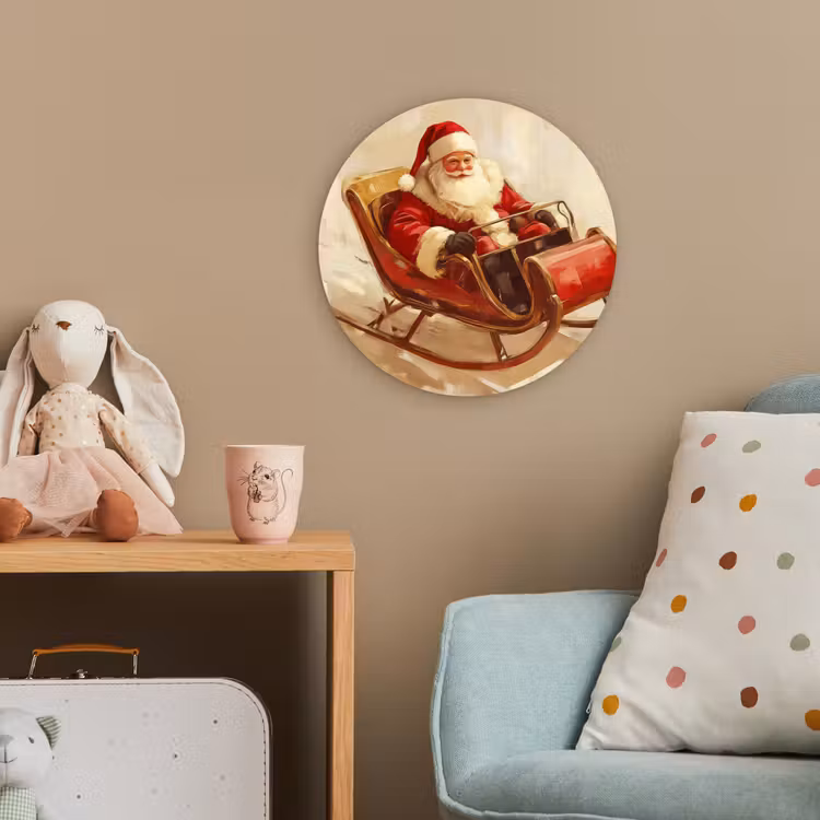 Kerst - Slee - Kerstman Wandcirkel kunststof plaat 5mm dik klein -tsfeer1_kind
