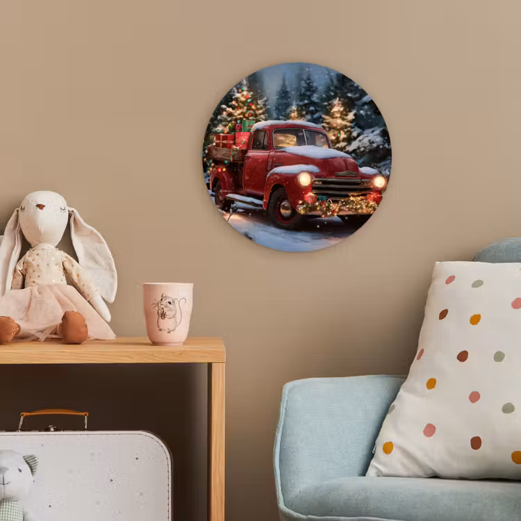 Kersttruck - Sneeuwbos - Rood Wandcirkel kunststof plaat 5mm dik klein -tsfeer1_kind