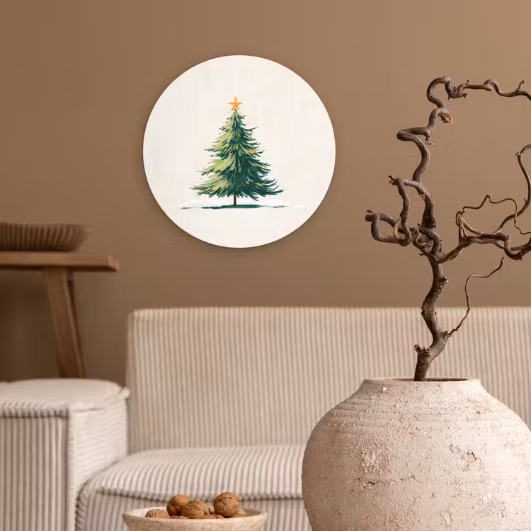 Kerstboom - Illustratie - Ster - Sneeuw Wandcirkel kunststof plaat 5mm dik klein -sfeer1