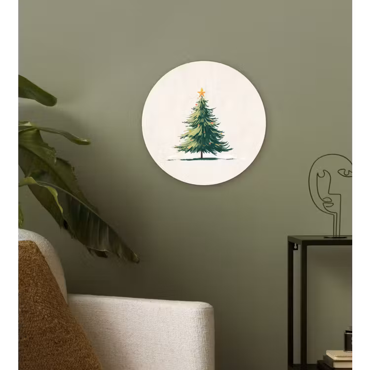 Kerstboom - Illustratie - Ster - Sneeuw Wandcirkel kunststof plaat 5mm dik klein -sfeer3