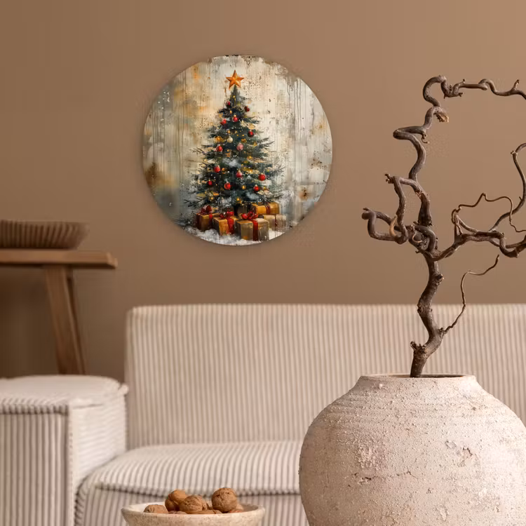 Kerstboom - Vintage - Kerst - Cadeau Wandcirkel kunststof plaat 5mm dik klein -sfeer1