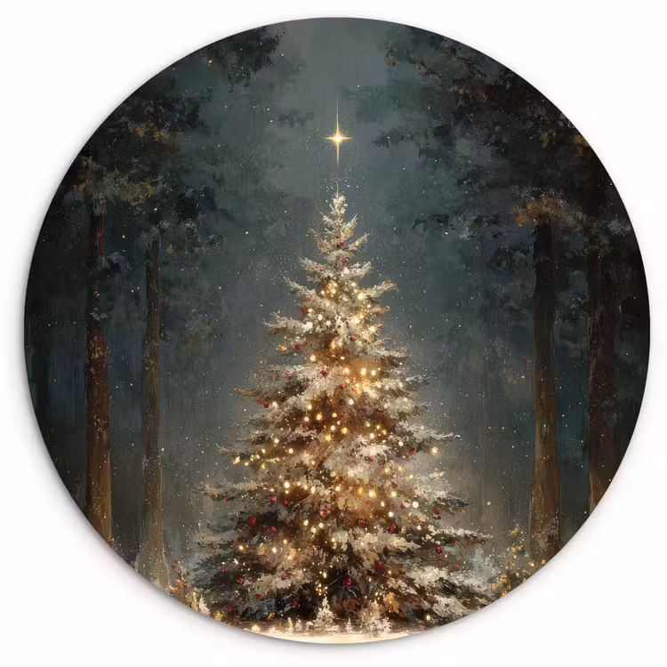 Kerstboom - Bos - Sneeuw - meerkleurig Wandcirkel kunststof plaat 5mm dik klein -3d