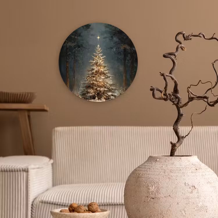Kerstboom - Bos - Sneeuw - meerkleurig Wandcirkel kunststof plaat 5mm dik klein -sfeer1