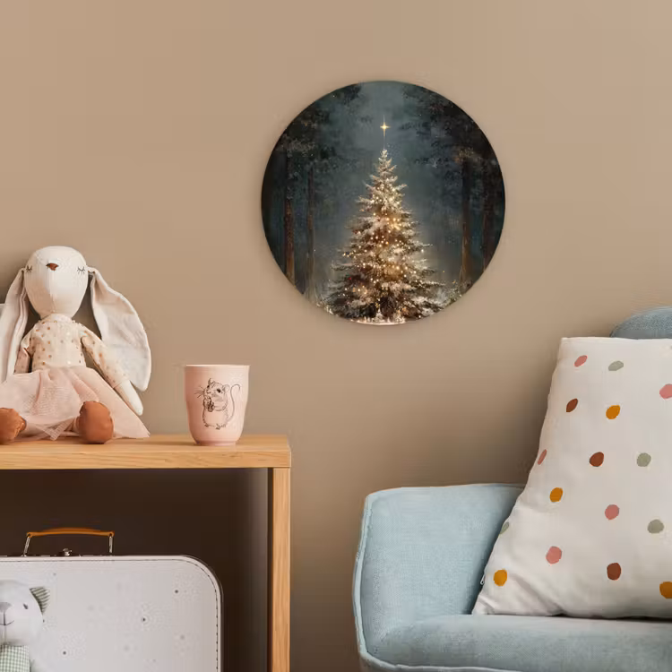 Kerstboom - Bos - Sneeuw - meerkleurig Wandcirkel kunststof plaat 5mm dik klein -tsfeer1_kind