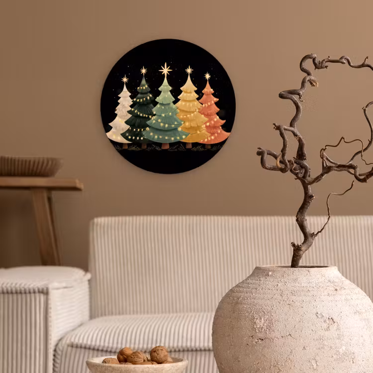 Kerstbomen - Kleurrijk - Lichtjes - Ster Wandcirkel kunststof plaat 5mm dik klein -sfeer1