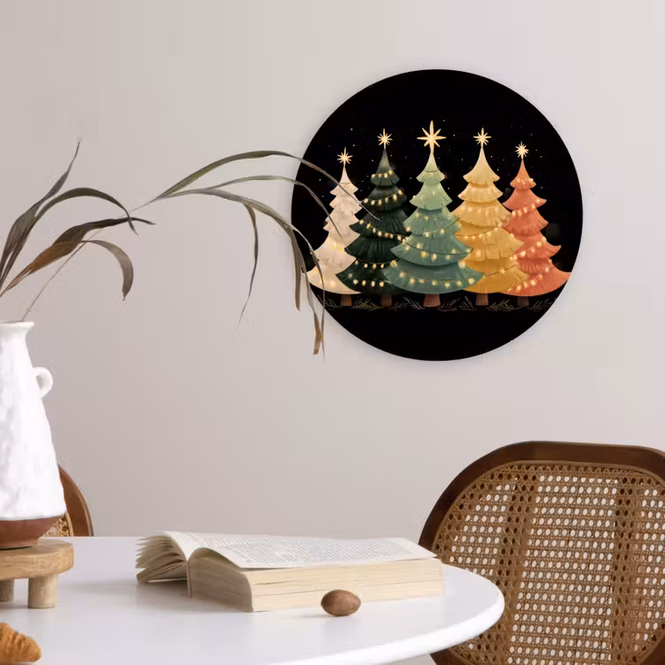 Kerstbomen - Kleurrijk - Lichtjes - Ster Wandcirkel kunststof plaat 5mm dik klein -sfeer4