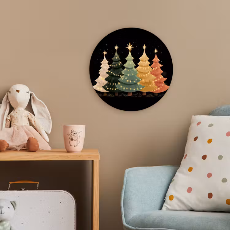Kerstbomen - Kleurrijk - Lichtjes - Ster Wandcirkel kunststof plaat 5mm dik klein -tsfeer1_kind