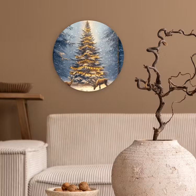 Kerstlicht - Woud - Hert - Donker Wandcirkel kunststof plaat 5mm dik klein -sfeer1