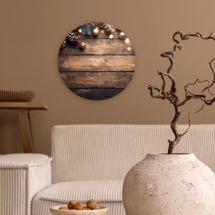 Kerstdecoratie - Houten - Dennenappel - Bruin Wandcirkel kunststof plaat 5mm dik klein -sfeer1