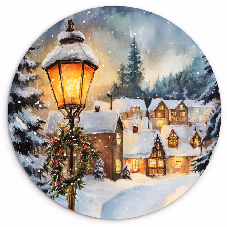 Kerstdorp - Huizen - Sneeuw - Kerst Wandcirkel kunststof plaat 5mm dik klein -3d
