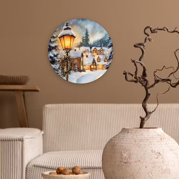 Kerstdorp - Huizen - Sneeuw - Kerst Wandcirkel kunststof plaat 5mm dik klein -sfeer1