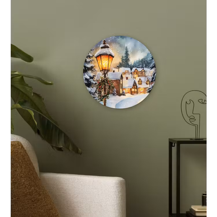 Kerstdorp - Huizen - Sneeuw - Kerst Wandcirkel kunststof plaat 5mm dik klein -sfeer3