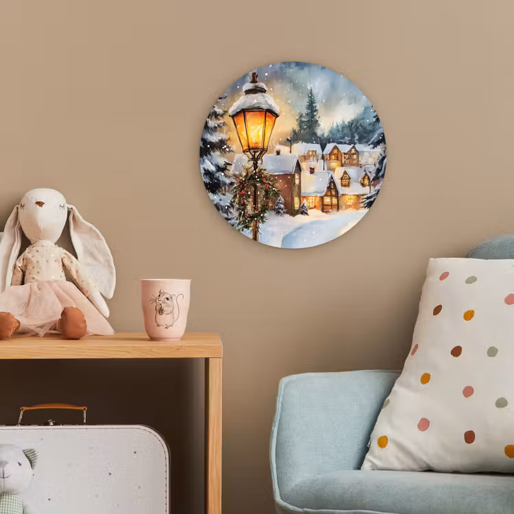 Kerstdorp - Huizen - Sneeuw - Kerst Wandcirkel kunststof plaat 5mm dik klein -tsfeer1_kind