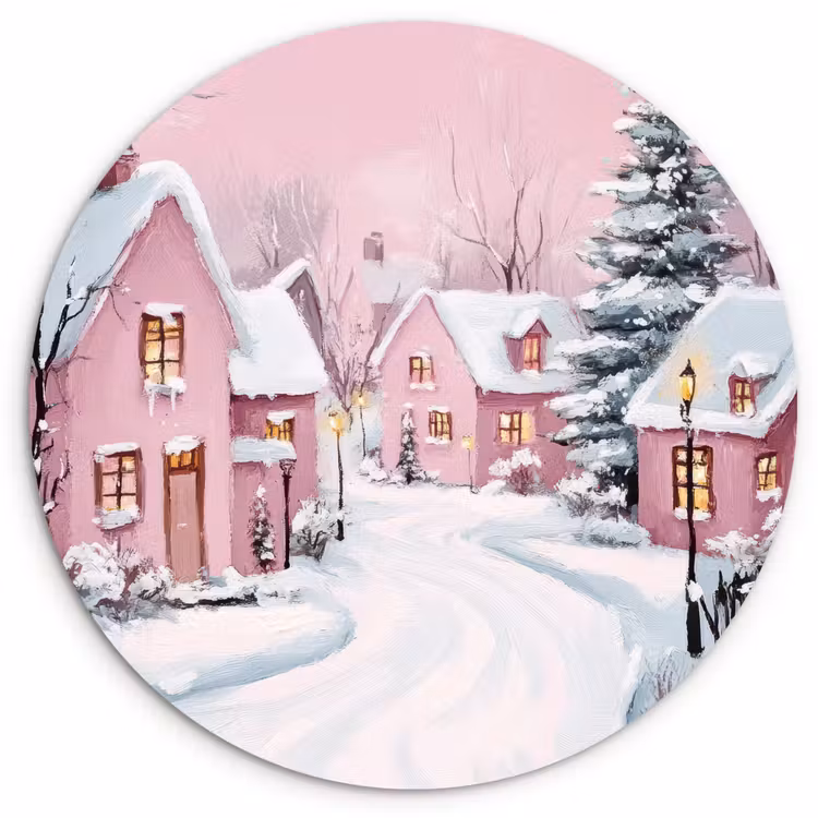 Kerstdorp - Roze - Winter - Sneeuw - Huizen Wandcirkel kunststof plaat 5mm dik klein -3d