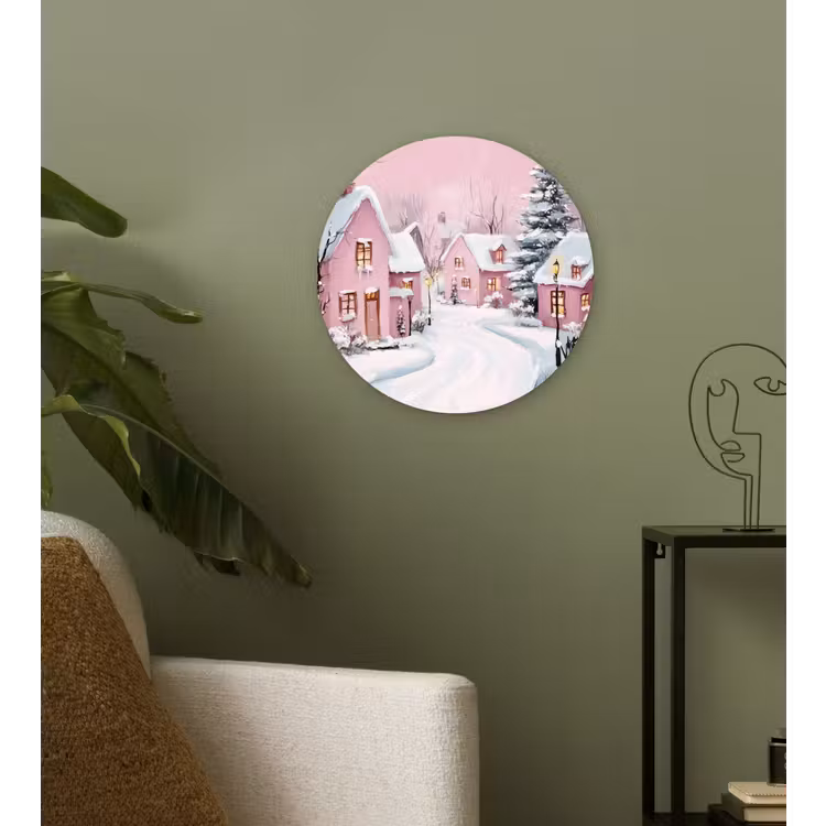 Kerstdorp - Roze - Winter - Sneeuw - Huizen Wandcirkel kunststof plaat 5mm dik klein -sfeer3