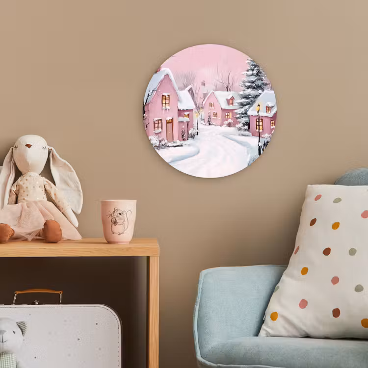 Kerstdorp - Roze - Winter - Sneeuw - Huizen Wandcirkel kunststof plaat 5mm dik klein -tsfeer1_kind