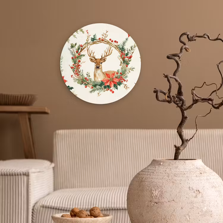 Kerstkrans - Hert - Hulst - Rood Wandcirkel kunststof plaat 5mm dik klein -sfeer1