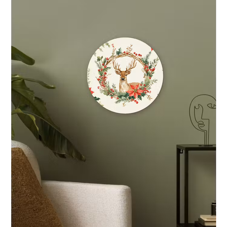 Kerstkrans - Hert - Hulst - Rood Wandcirkel kunststof plaat 5mm dik klein -sfeer3