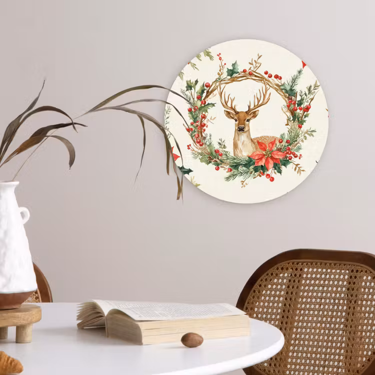 Kerstkrans - Hert - Hulst - Rood Wandcirkel kunststof plaat 5mm dik klein -sfeer4