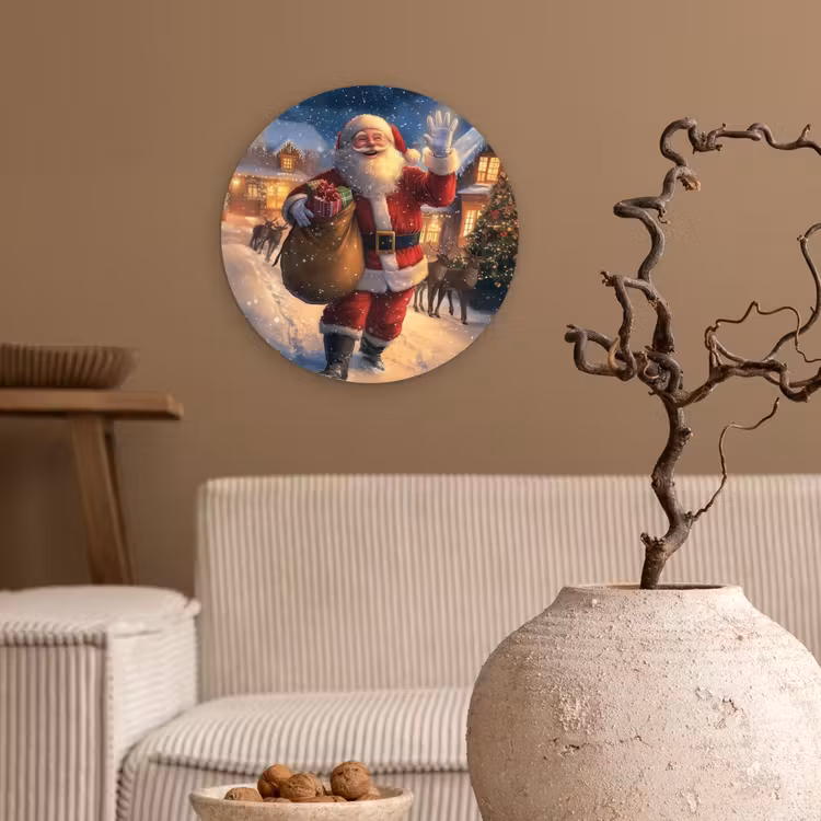 Kerstman - Dorp - Hert - Donker Wandcirkel kunststof plaat 5mm dik klein -sfeer1