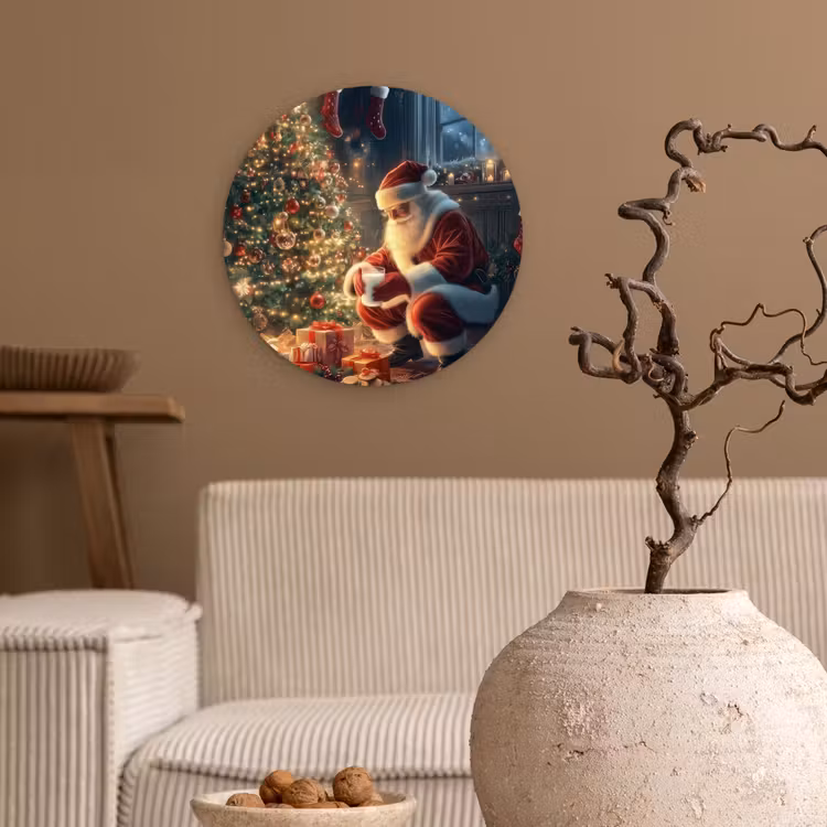 Kerstman - Haard - Donker Wandcirkel kunststof plaat 5mm dik klein -sfeer1