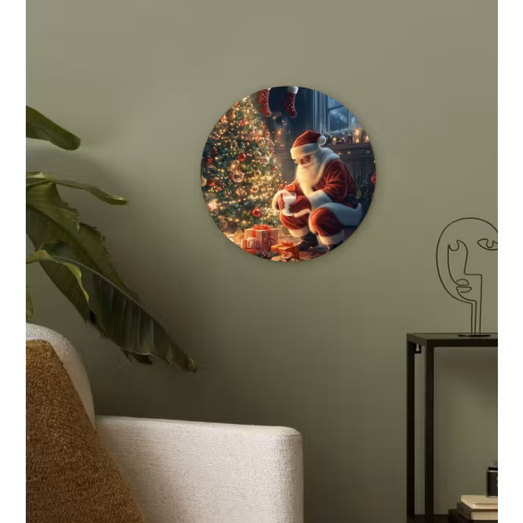 Kerstman - Haard - Donker Wandcirkel kunststof plaat 5mm dik klein -sfeer3
