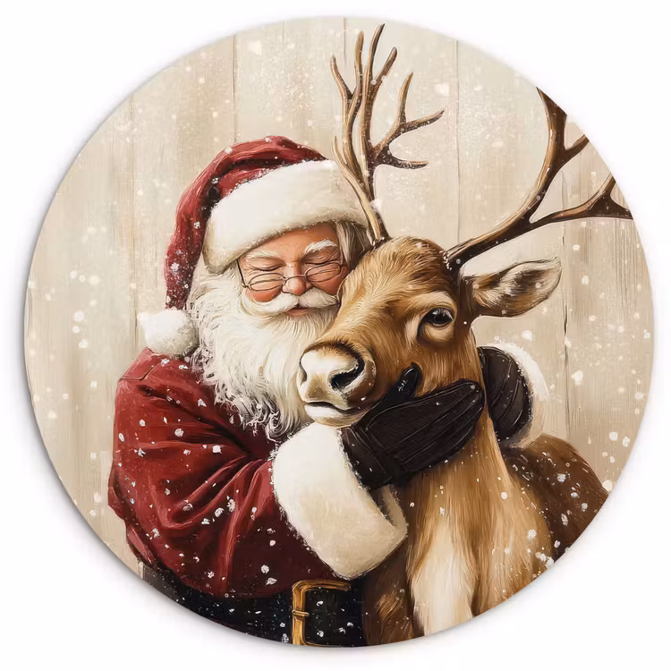 Kerstman - Rendier - Sneeuw - Kleurrijk Wandcirkel kunststof plaat 5mm dik klein -3d