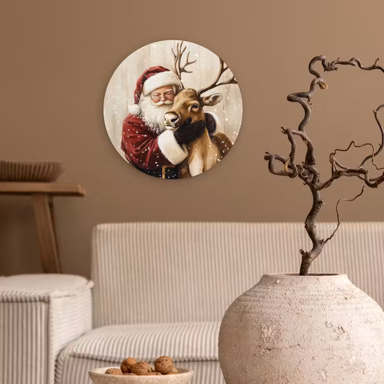 Kerstman - Rendier - Sneeuw - Kleurrijk Wandcirkel kunststof plaat 5mm dik klein -sfeer1