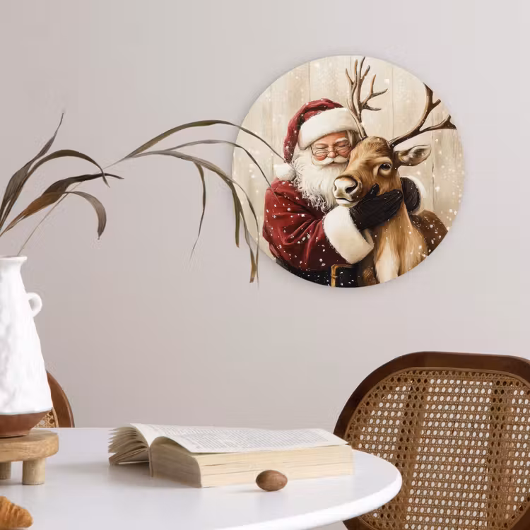 Kerstman - Rendier - Sneeuw - Kleurrijk Wandcirkel kunststof plaat 5mm dik klein -sfeer4