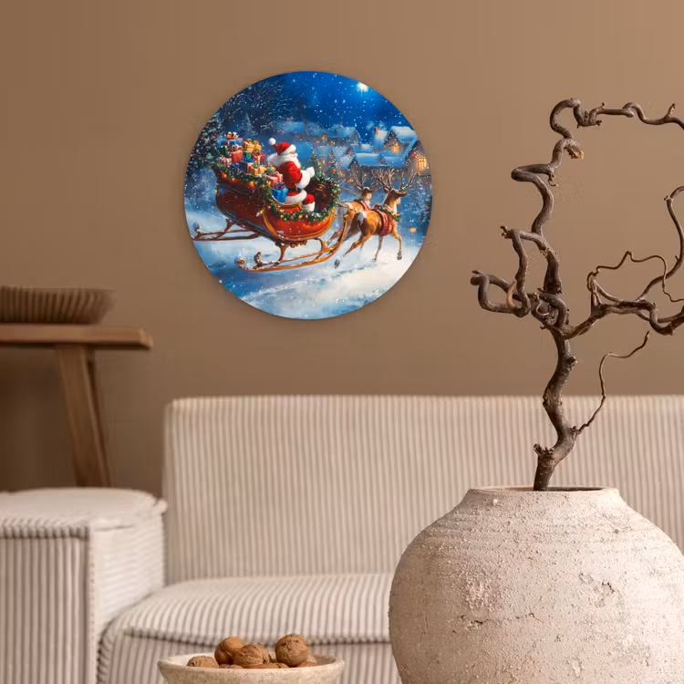 Kerstman - Rendier - Kerst - Sneeuw Wandcirkel kunststof plaat 5mm dik klein -sfeer1