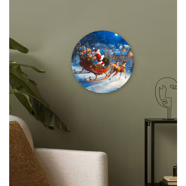 Kerstman - Rendier - Kerst - Sneeuw Wandcirkel kunststof plaat 5mm dik klein -sfeer3