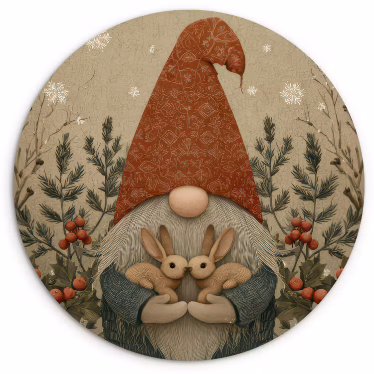 Kerstgnome - Konijntjes - Kleurrijk Wandcirkel kunststof plaat 5mm dik klein -3d